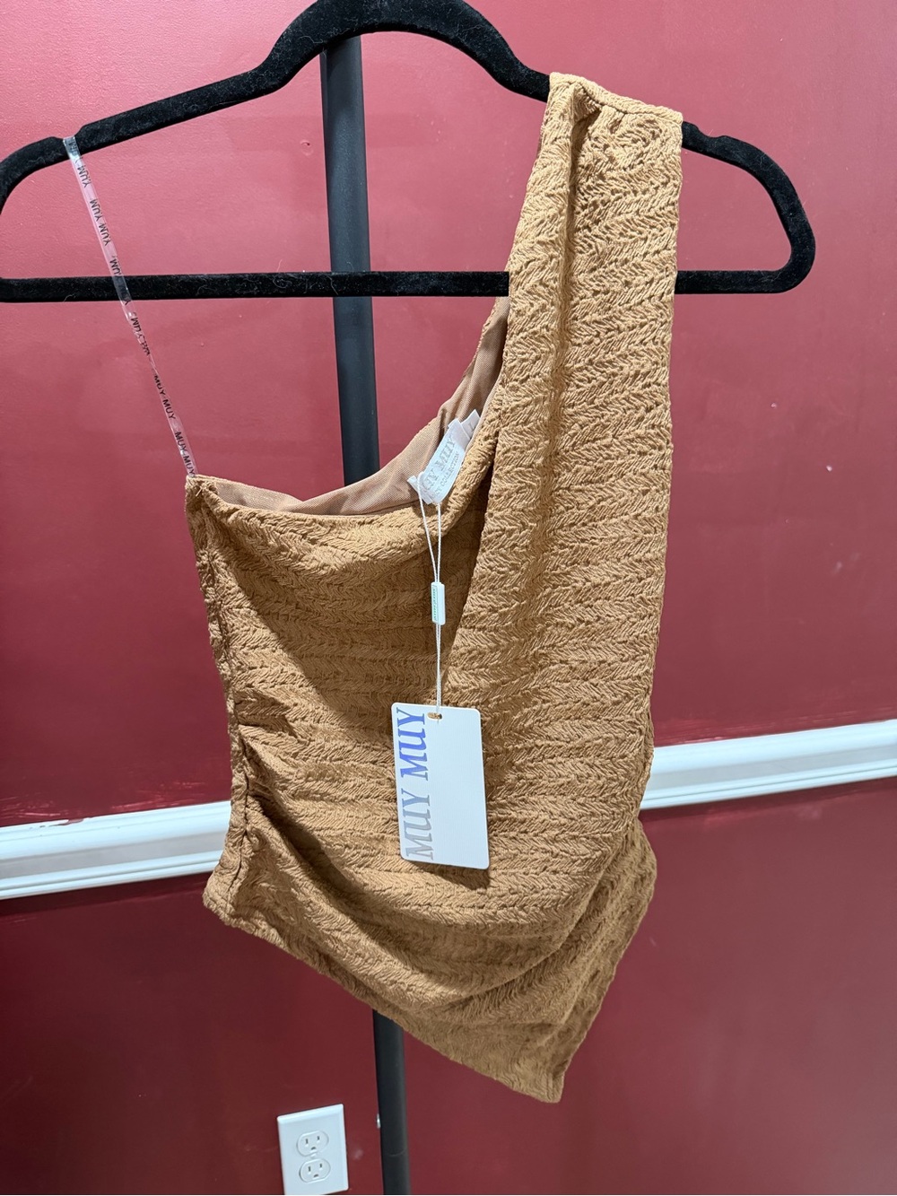 MUY MUY boutique One-Shoulder Textured Camel Brown Top Y2K JLO style